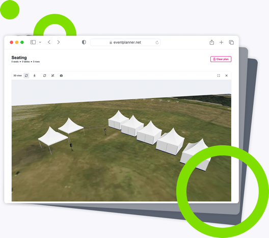 Un site de festival en 3D sur une carte satellite, avec des tentes de marché ouvertes, des tentes avec parois et des enceintes.