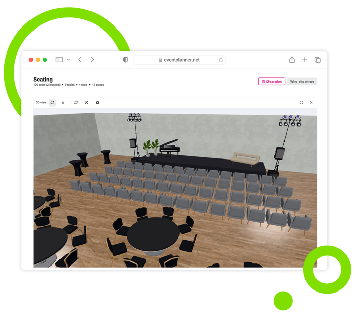 La vue 3D dans le logiciel événementiel eventplanner.net : des rangées de chaises et des tables rondes devant une scène avec un piano à queue.