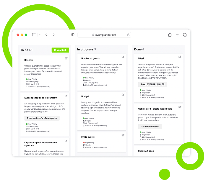 Tableau de bord interactif de liste de contrôle des événements affichant une interface de gestion des tâches avec des attributions de rôles et une vue chronologique.