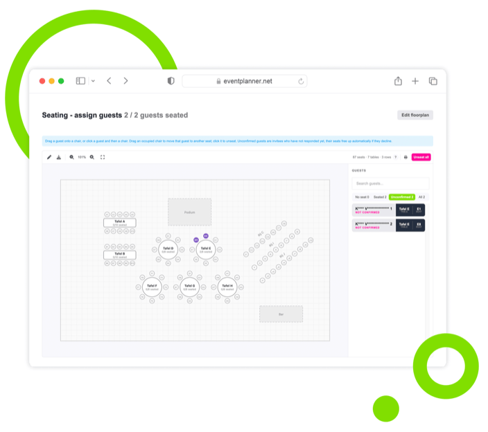 Capture d'écran du canevas de schémas d'événement d'eventplanner.net, avec un plan du lieu dessiné à l'échelle.
