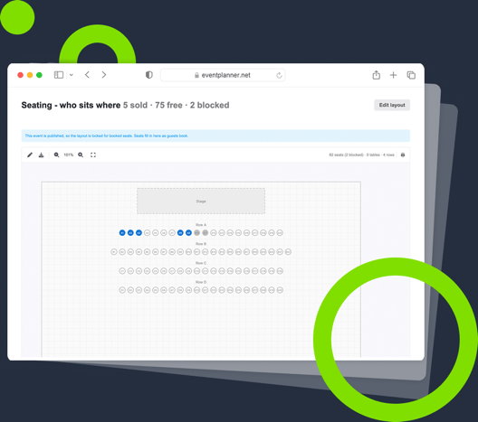 Capture d'écran d'un plan de salle finalisé dans le logiciel événementiel d'eventplanner.net.
