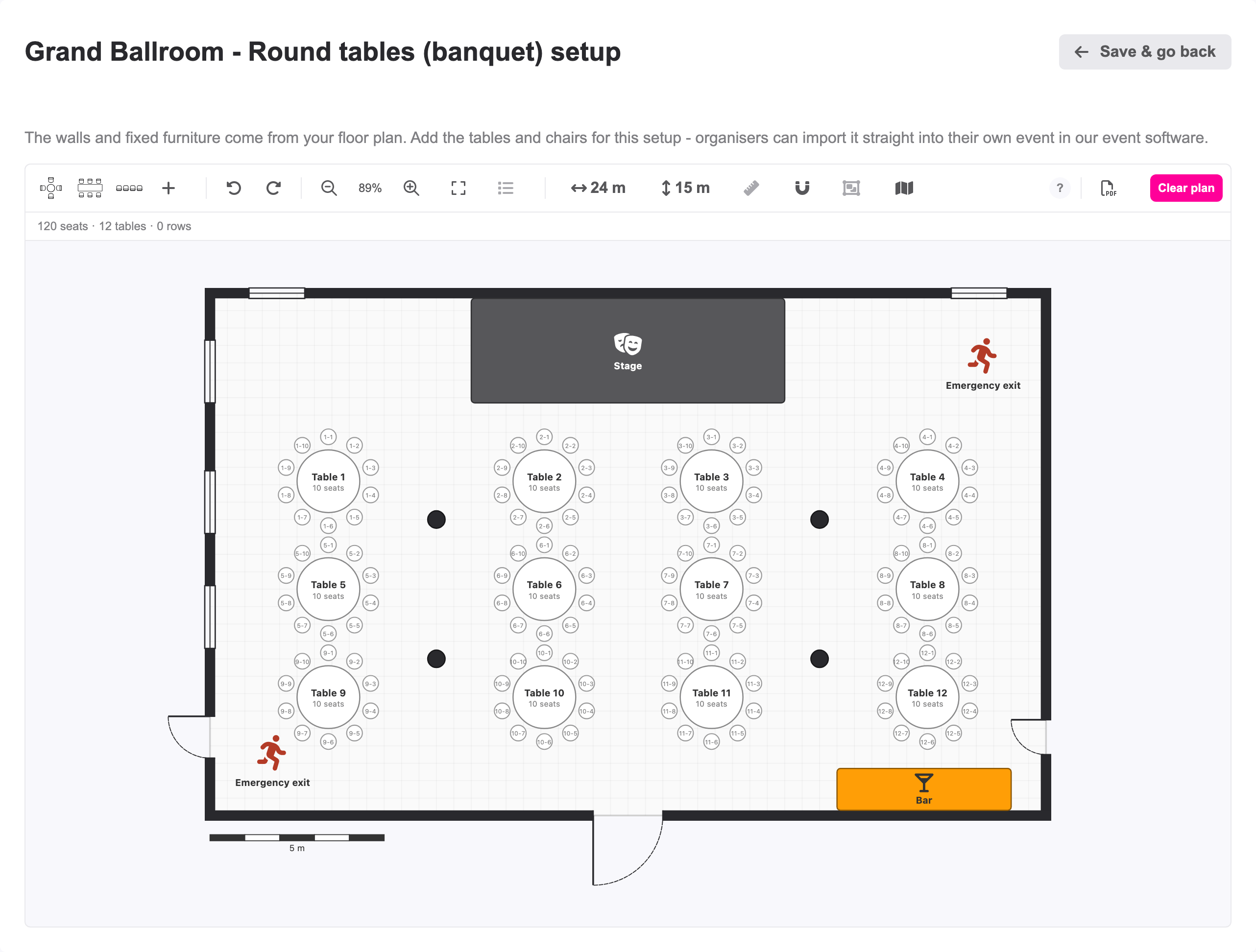 La configuration en tables rondes : les tables dessinées par-dessus le plan de salle