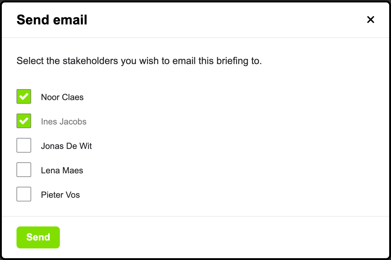 La fenêtre pour envoyer le briefing par e-mail à ses destinataires