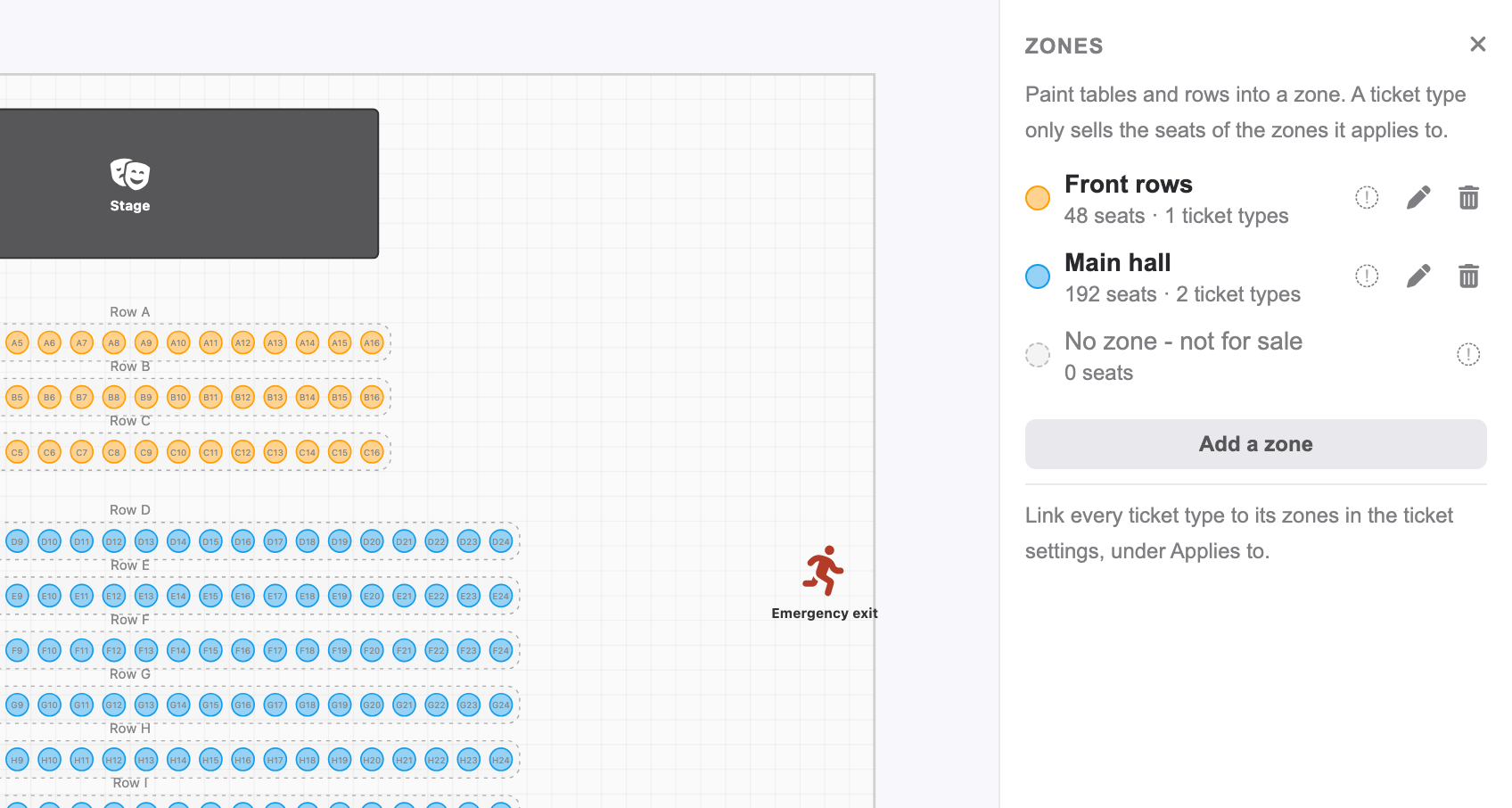 Le panneau des zones, avec les tables de la zone VIP peintes en orange
