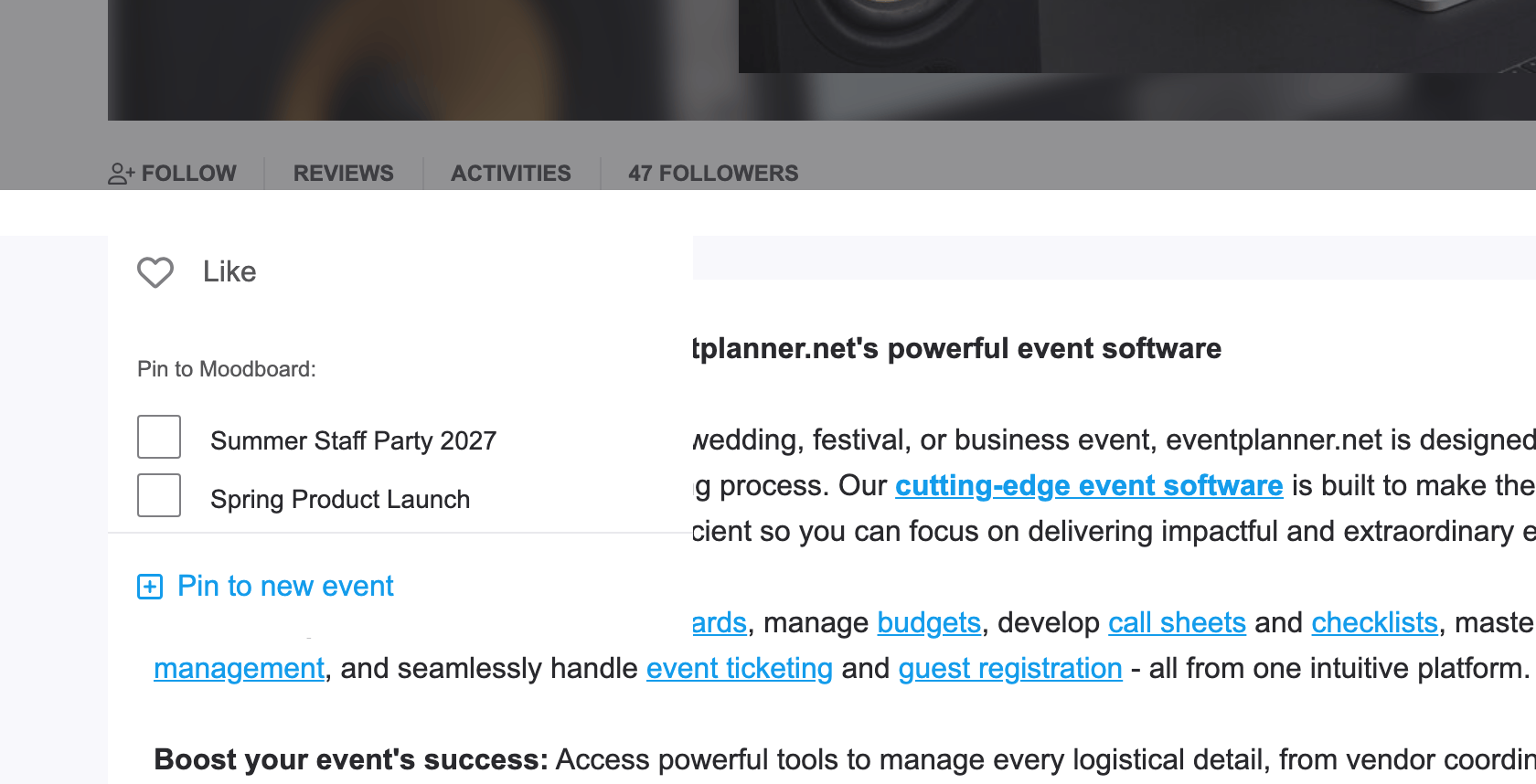 Épingler une page professionnelle au moodboard d'un événement