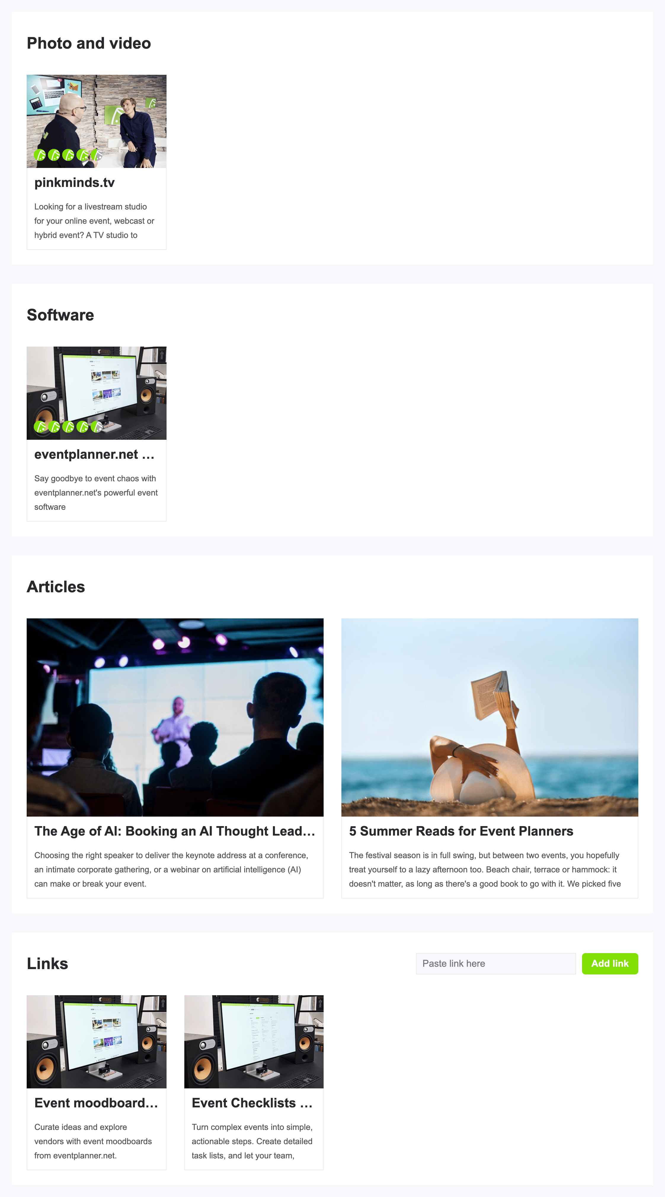 Un moodboard avec des entreprises regroupées par catégorie, des articles et des liens