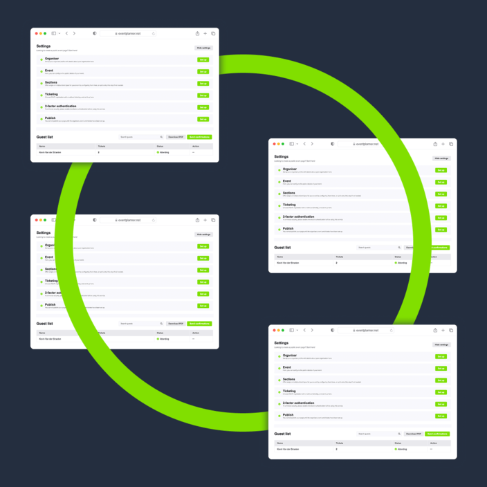 Plusieurs petites captures d'écran du logiciel événementiel eventplanner.net.